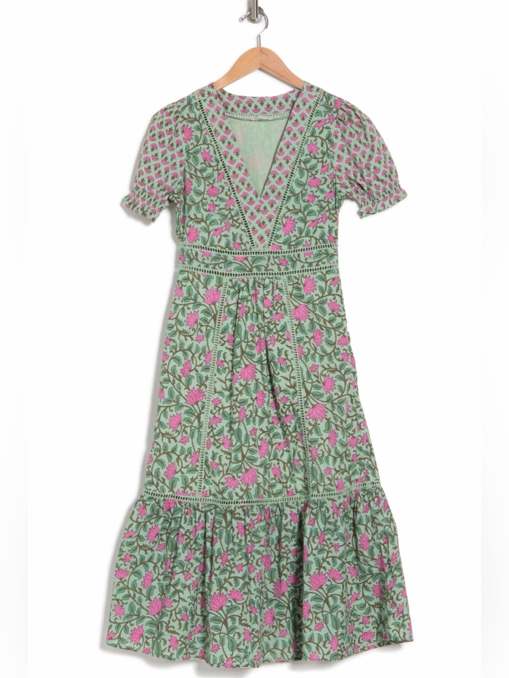 Anthropologie dRa Floral Puff Sleeve Tiered Midi Dress Crochet Trim Boho Small